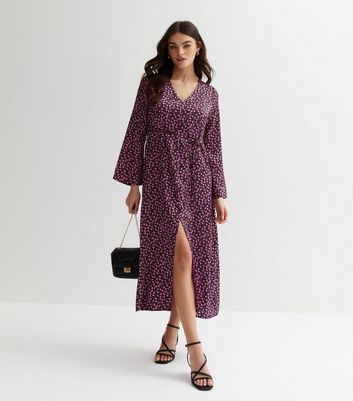 Pink Heart Print V Neck Flare Sleeve Midi Dress | New Look