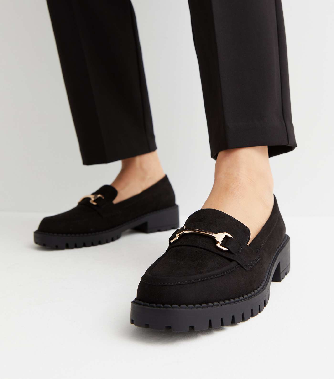 Black Suedette Chunky Buckle Front Loafers Image 2