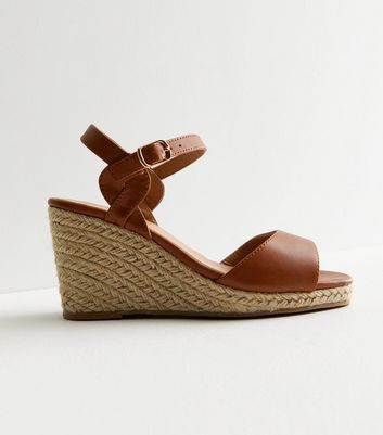 Extra Wide Fit Tan Leather-Look Espadrille Wedge Heel Sandals New Look