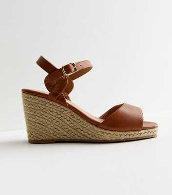 Extra Wide Fit Tan Leather-Look Espadrille Wedge Heel Sandals