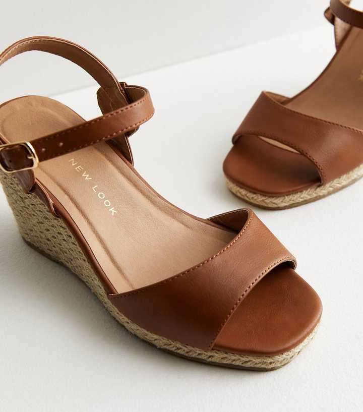 Bar reform dis Extra Wide Fit Tan Leather-Look Espadrille Wedge Heel Sandals | New Look