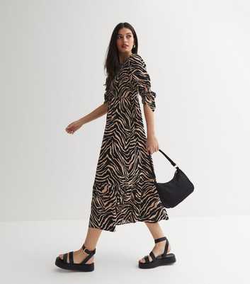 Brown Zebra Print Shirred 3/4 Sleeve Midi Dress