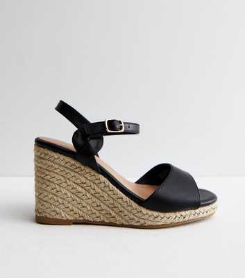 Wide Fit Black Leather-Look Espadrille Wedge Sandals