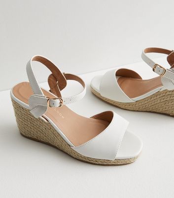 Wide Fit White Leather Look Espadrille Wedge Sandals New Look