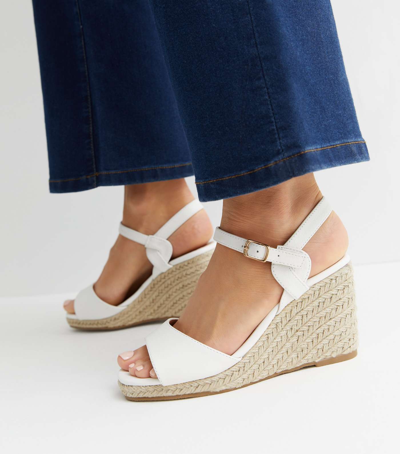 Wide Fit White Leather-Look Espadrille Wedge Sandals Image 2