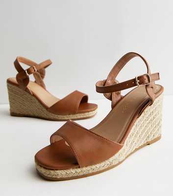 Wide Fit Tan Leather-Look Espadrille Wedge Sandals