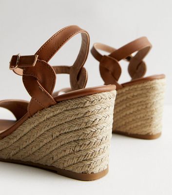 Wide Fit Tan Leather Look Espadrille Wedge Sandals New Look