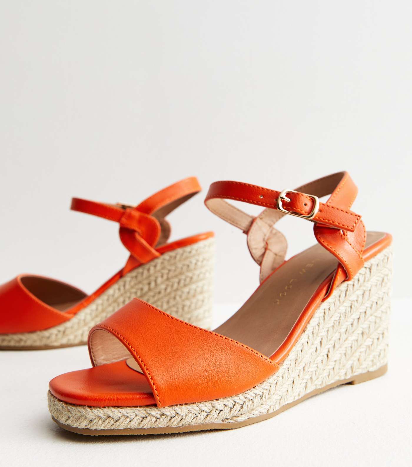 Wide Fit Bright Orange Leather-Look Espadrille Wedge Sandals Image 3