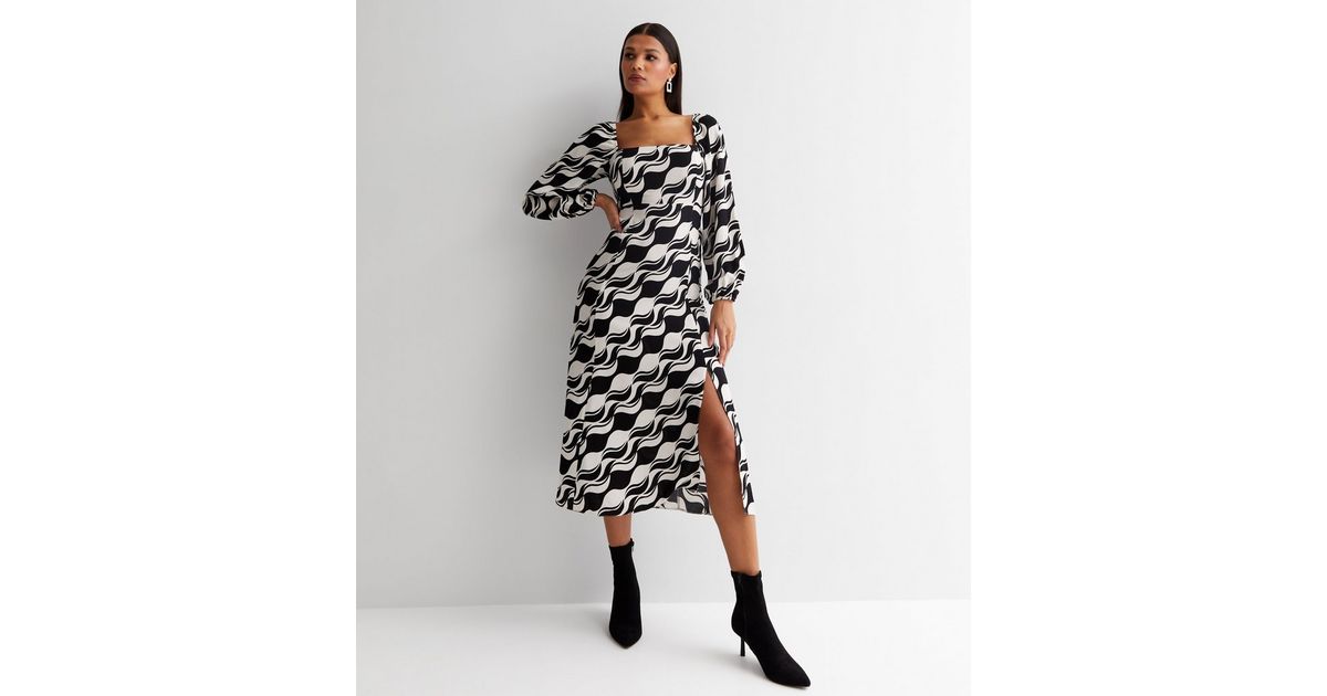 Black Geometric Square Neck Midi Dress | New Look