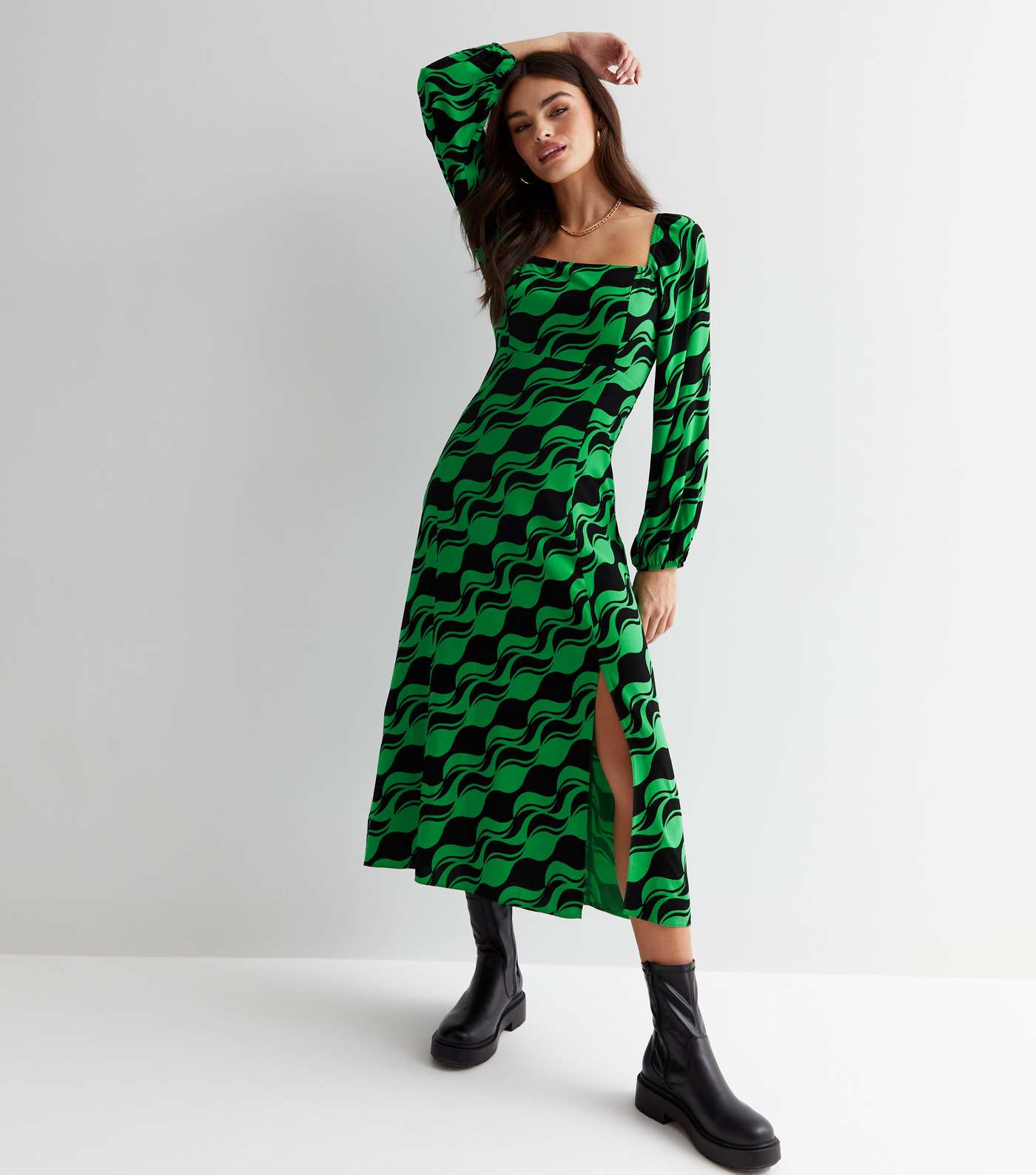 Green Geometric Square Neck Midaxi Dress