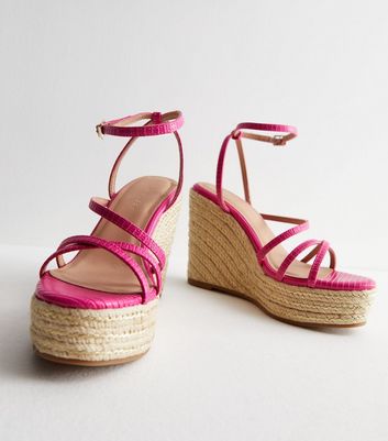 Bright Pink Faux Croc Strappy Espadrille Wedge Heel Sandals New Look