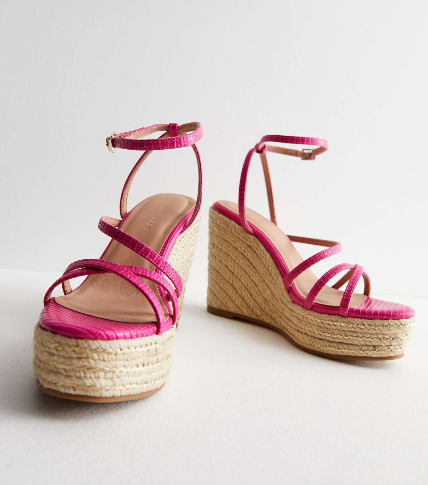 Bright Pink Faux Croc Strappy Espadrille Wedge Heel Sandals Image 3