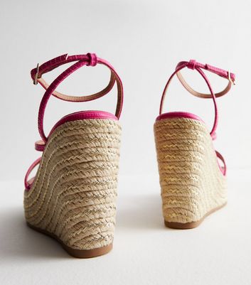 Bright Pink Faux Croc Strappy Espadrille Wedge Heel Sandals | New Look