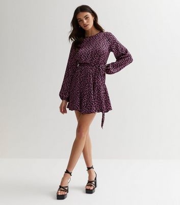 Black Heart Print Long Puff Sleeve Mini Dress New Look