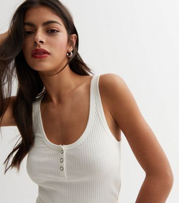 Off White Ribbed Jersey Popper Front Crop Vest