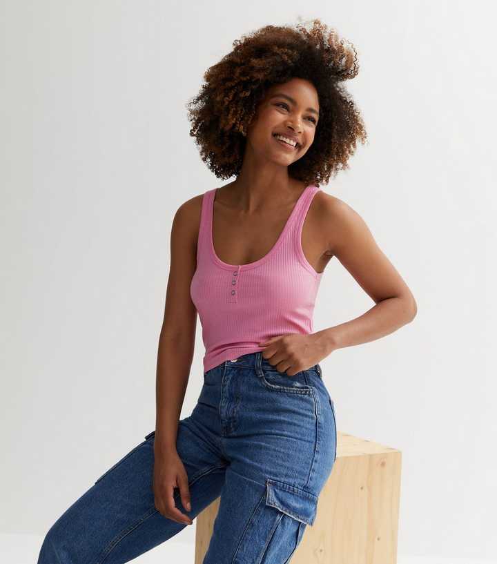 Deep Pink Ribbed Jersey Popper Front Crop vest