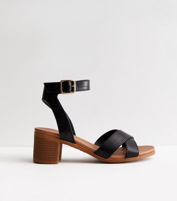 Black Leather-Look Cross Strap Mid Block Heel Sandals New Look Vegan