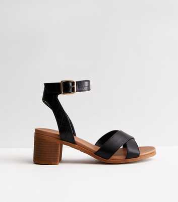Black Leather-Look Cross Strap Block Heel Sandals