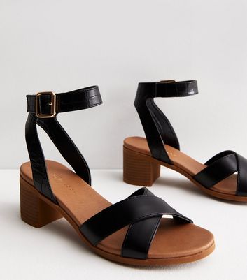 Black Leather-Look Cross Strap Mid Block Heel Sandals | New Look