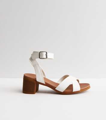 White Leather-Look Cross Strap Block Heel Sandals