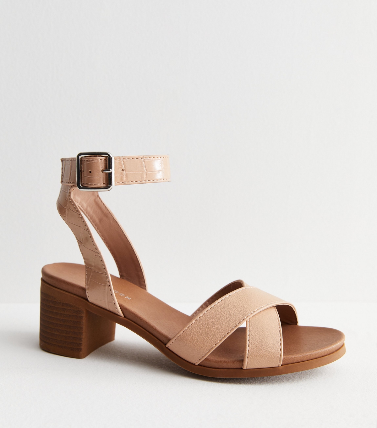 Women's Cream Leather-Look Cross Strap Mid Block Heel Sandals New Look