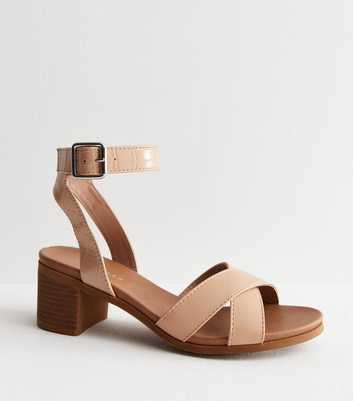 Cream Leather-Look Cross Strap Block Heel Sandals