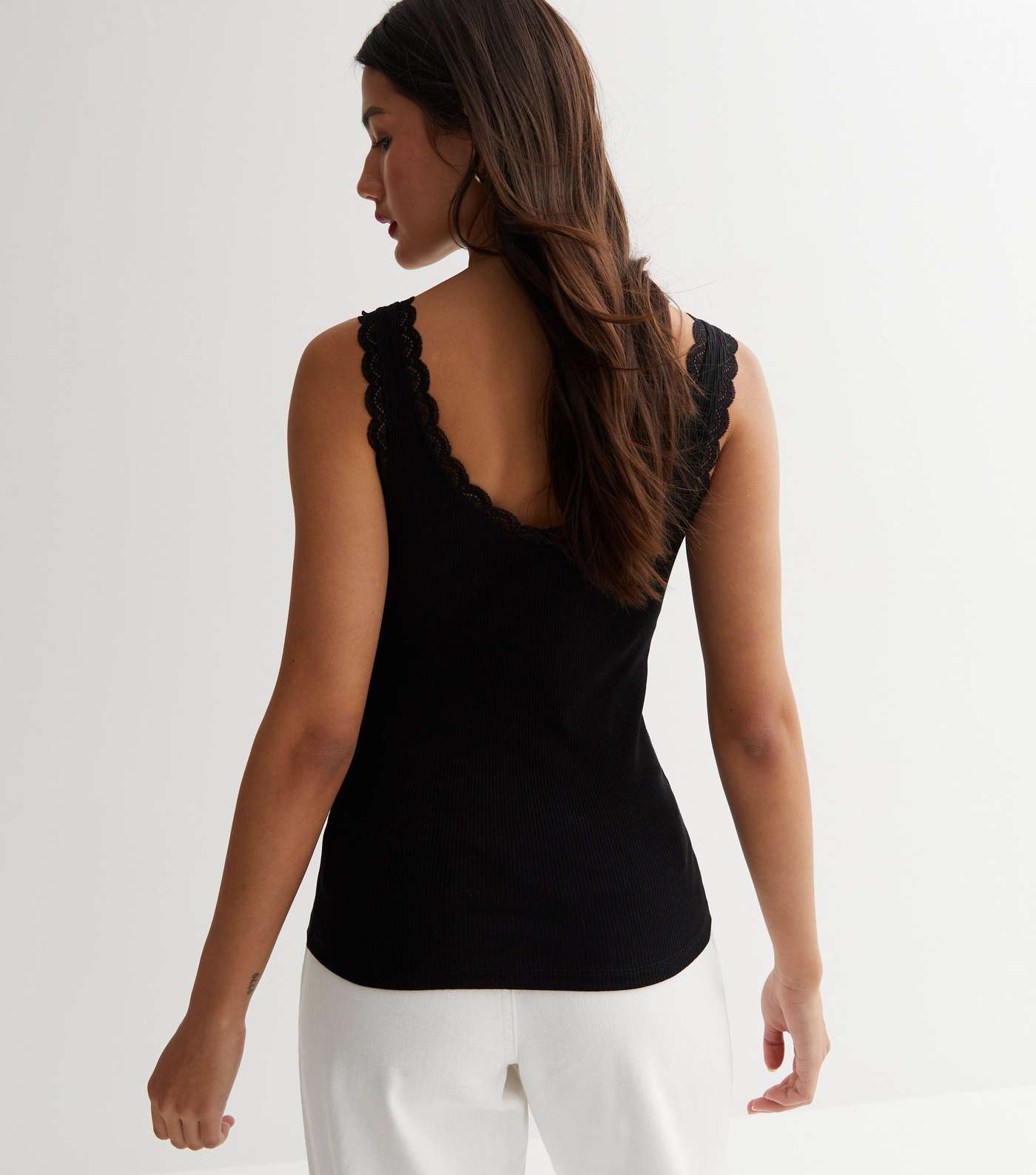Black Ribbed Lace Trim Vest Image 4