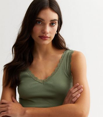 Khaki Ribbed Lace Trim Vest