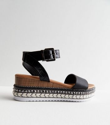 Black Faux Croc Stud Espadrille 2 Part Flatform Sandals New Look