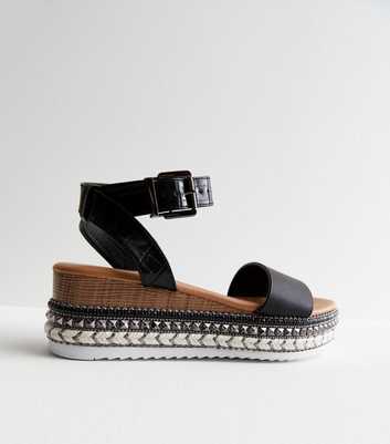 Black Faux Croc Stud Espadrille 2 Part Flatform Sandals