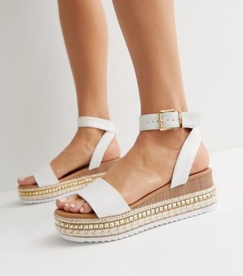 White Faux Croc Stud Espadrille 2 Part Flatform Sandals New Look