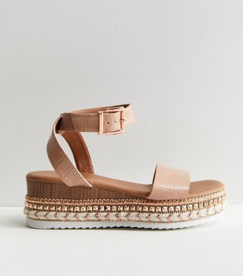 Cream Faux Croc Stud Espadrille 2 Part Flatform Sandals New Look