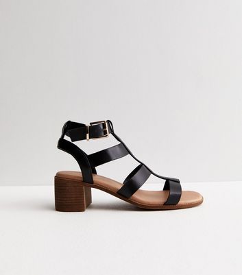Black Leather Look Footbed Mid Block Heel Gladiator Sandals New Look