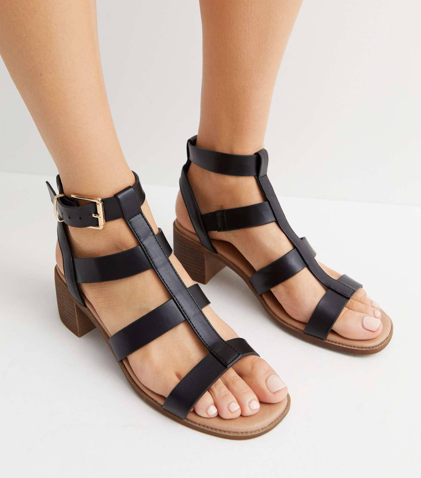 Black Leather-Look Footbed Mid Block Heel Gladiator Sandals Image 2