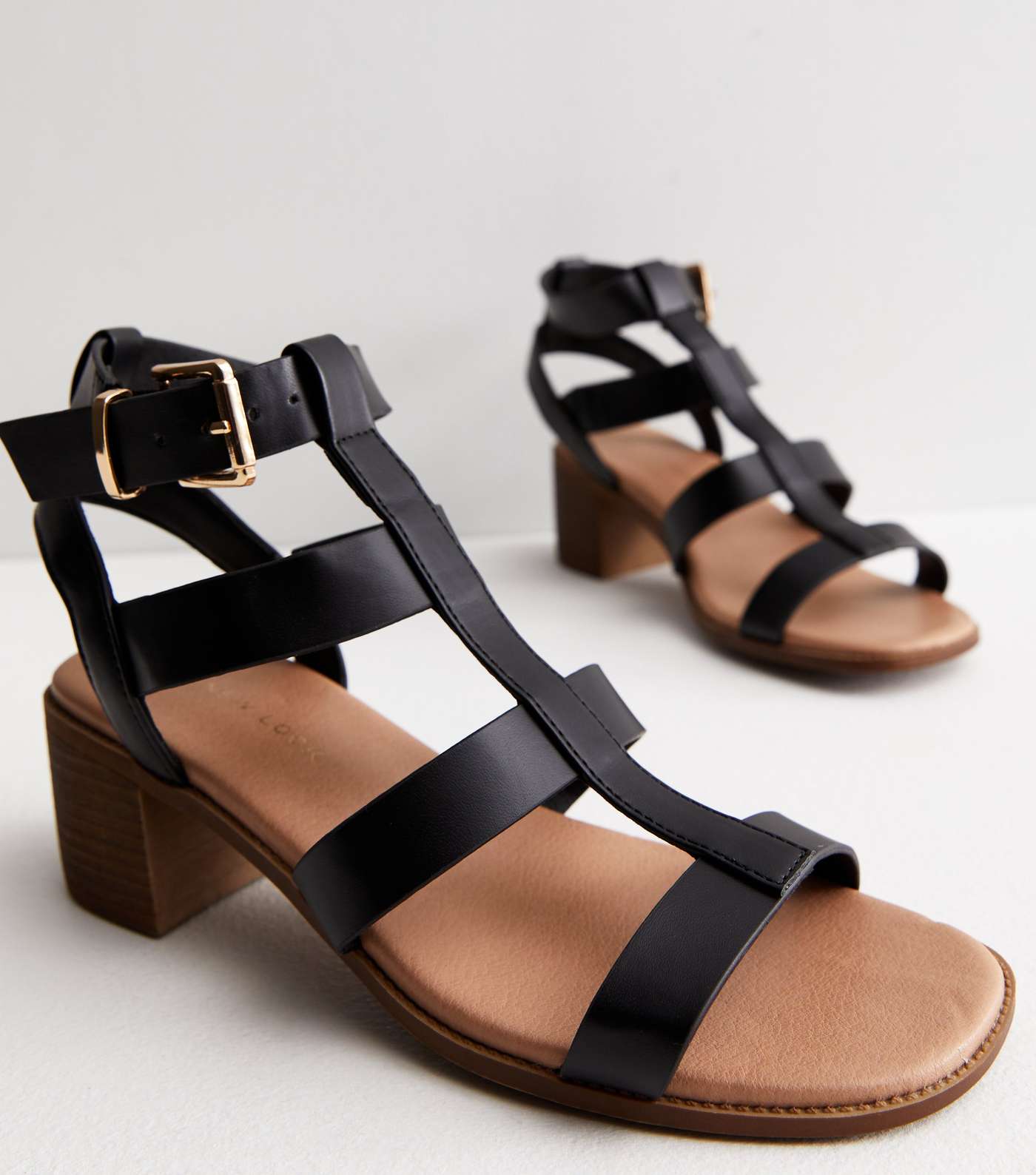 Black Leather-Look Footbed Mid Block Heel Gladiator Sandals Image 4