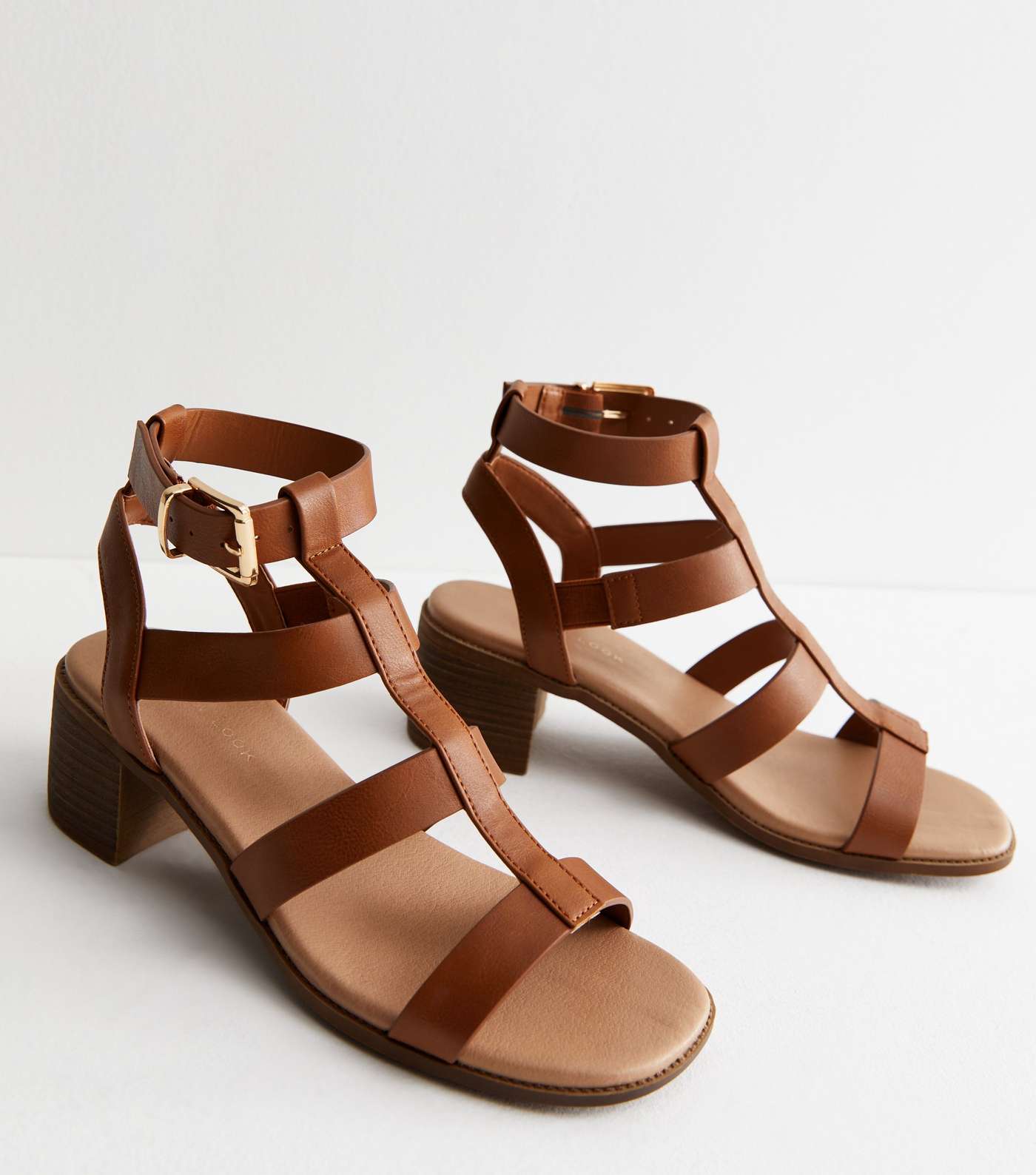 Tan Leather-Look Footbed Mid Block Heel Gladiator Sandals
