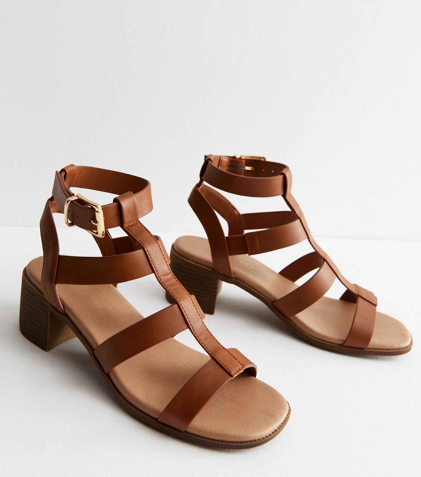 Tan Leather-Look Footbed Block Heel Gladiator Sandals, New Look