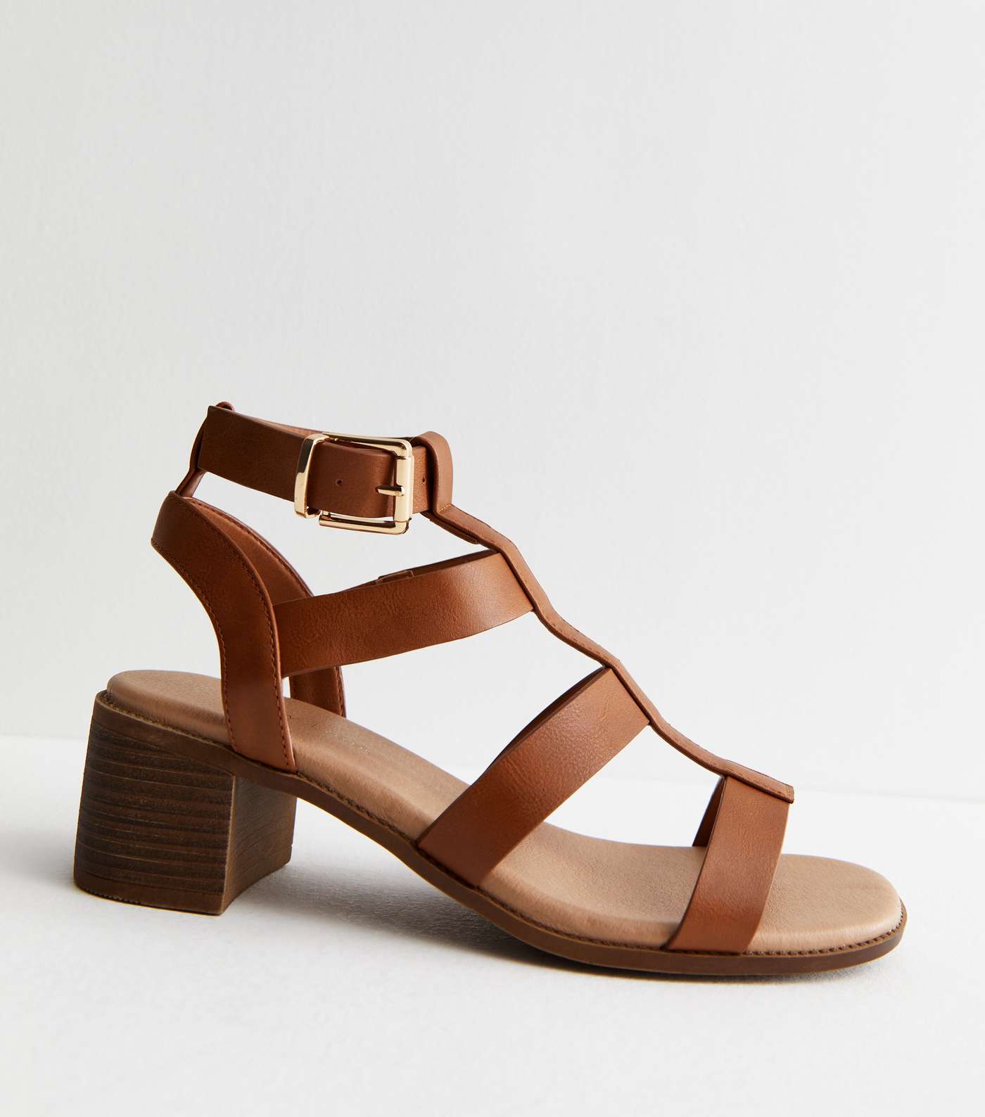 Tan Leather-Look Footbed Mid Block Heel Gladiator Sandals Image 3
