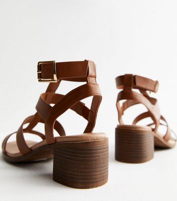 Tan Leather Look Footbed Mid Block Heel Gladiator Sandals New Look