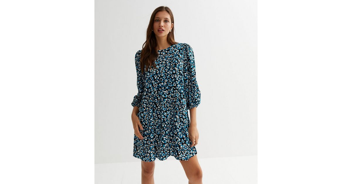 Blue Leopard Print 3/4 Puff Sleeve Mini Smock Dress | New Look