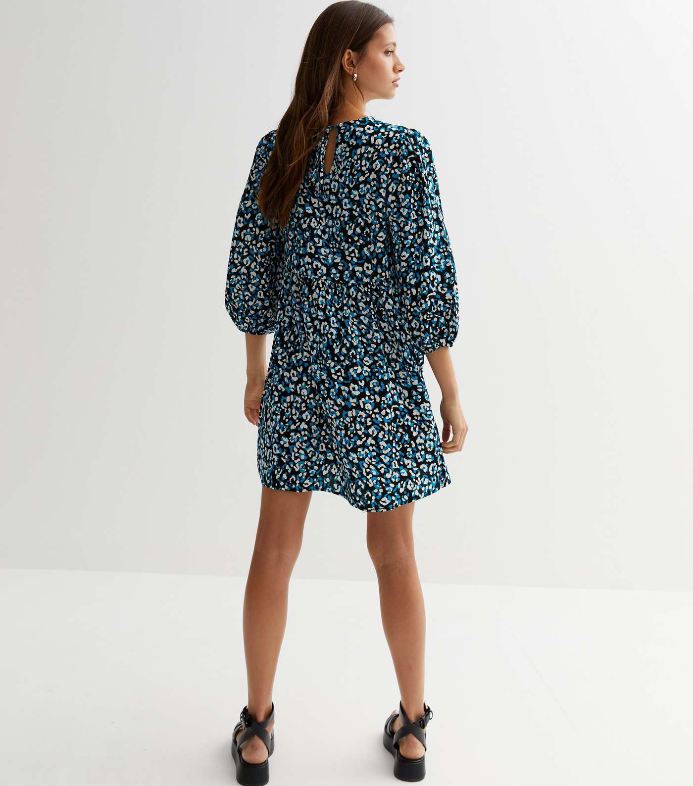 Blue Leopard Print 3/4 Puff Sleeve Mini Smock Dress Image 4