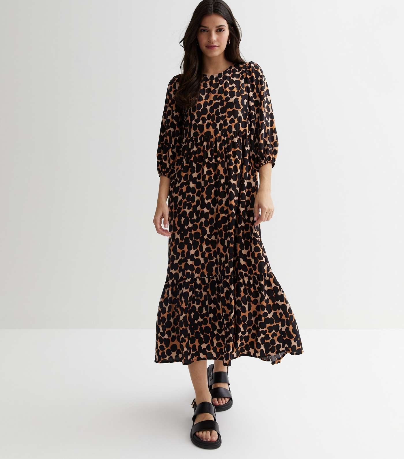 Brown Leopard Print Puff Sleeve Midi Smock Dress Image 3