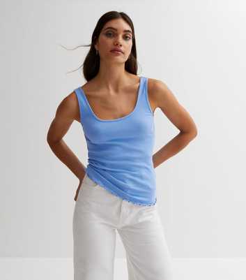 Pale Blue Ribbed Frill Scoop Neck Vest 