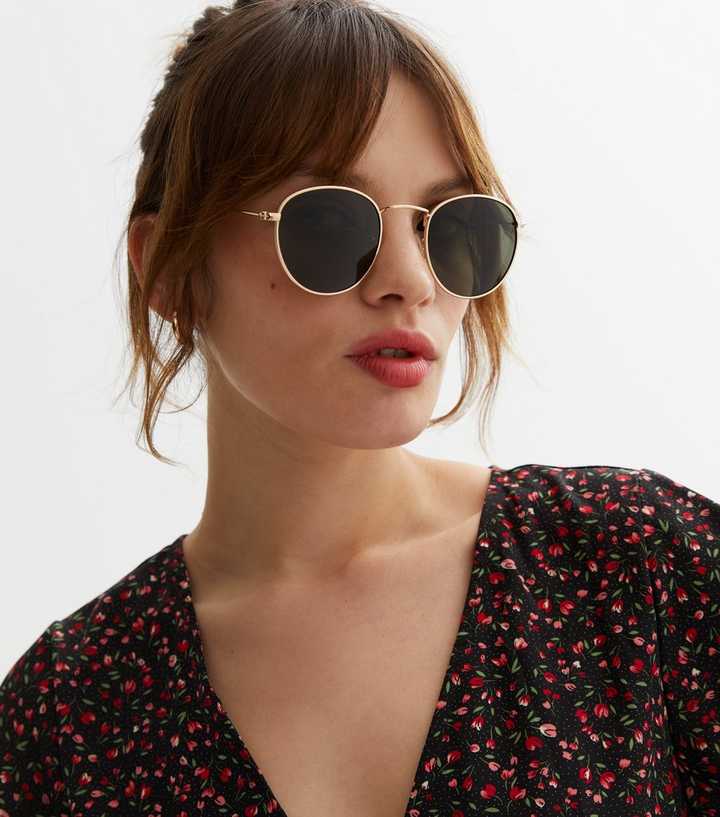 Gold Metal Round Frame Sunglasses