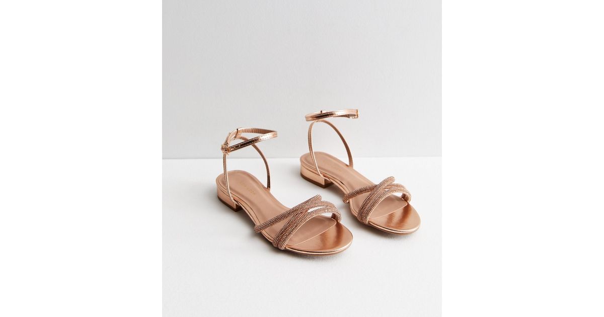 Rose Gold Part Diamanté Strappy Sandals New Look