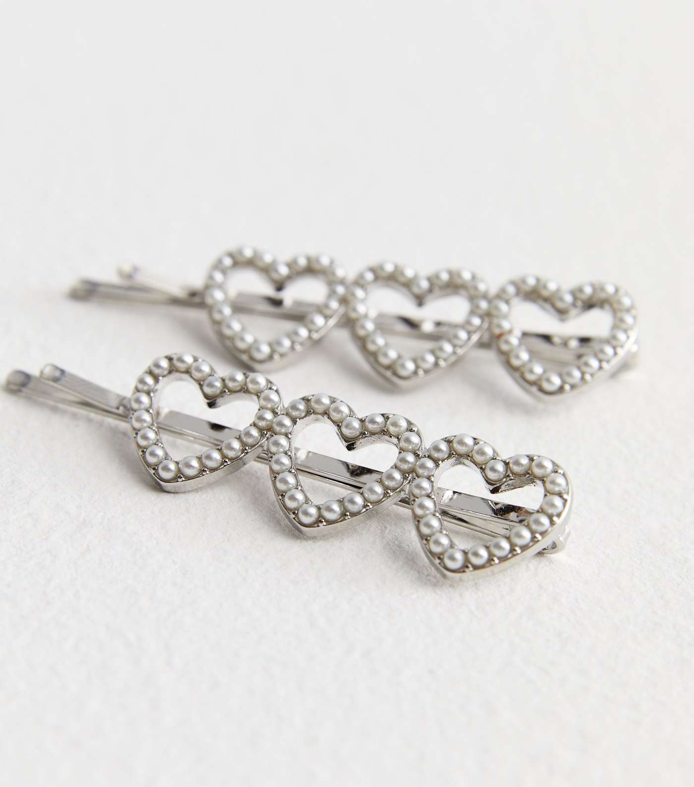 2 Pack Silver Faux Pearl Heart Hair Slides Image 3