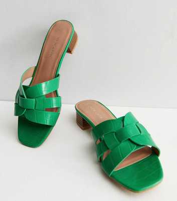 Dark Green Faux Croc Mule Block Heel Sandals