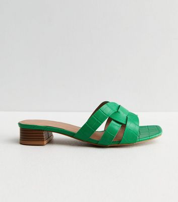Dark Green Faux Croc Mid Block Heel Mule Sandals New Look