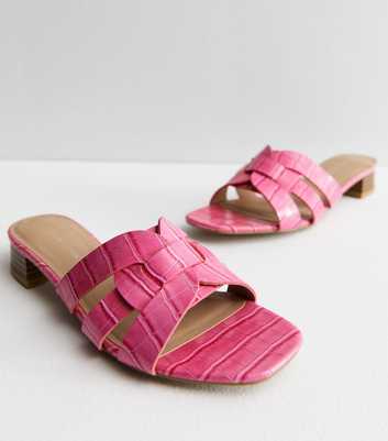 Bright Pink Faux Croc Block Heel Mule Sandals