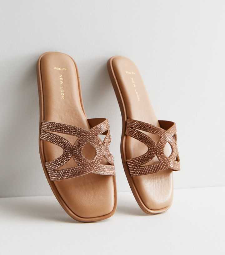 Wide Fit Rose Gold Diamanté Sliders